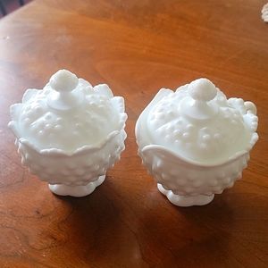 Vintage Fenton milk glass hobnail crown top sugar bowl and creamer both with lid